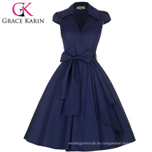 Grace Karin Cap Ärmel Reverskragen V-Ausschnitt Retro Vintage High-Stretchy Party Marineblau Kleid CL008953-5